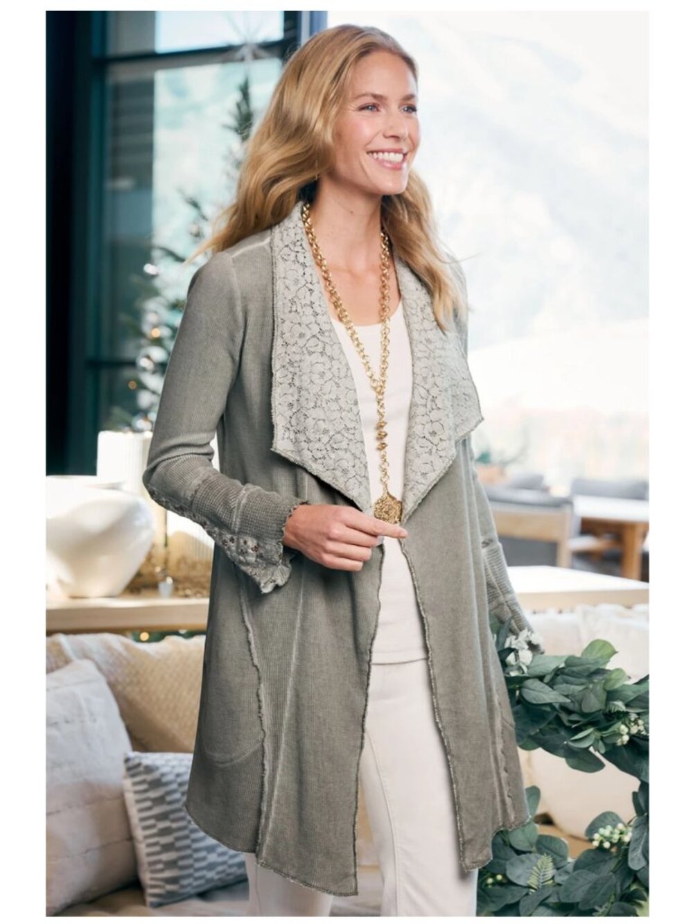 NWT SOFT SURROUNDINGS Draped In Lace Waffle Knit Topper in Dusty Olive Szie 2X